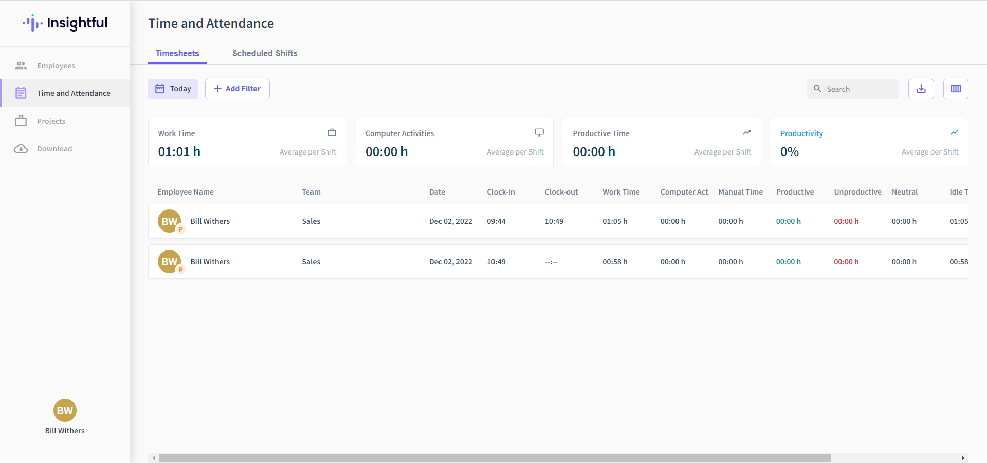 Интерфейс сотрудника с учётом посещений и времени работы