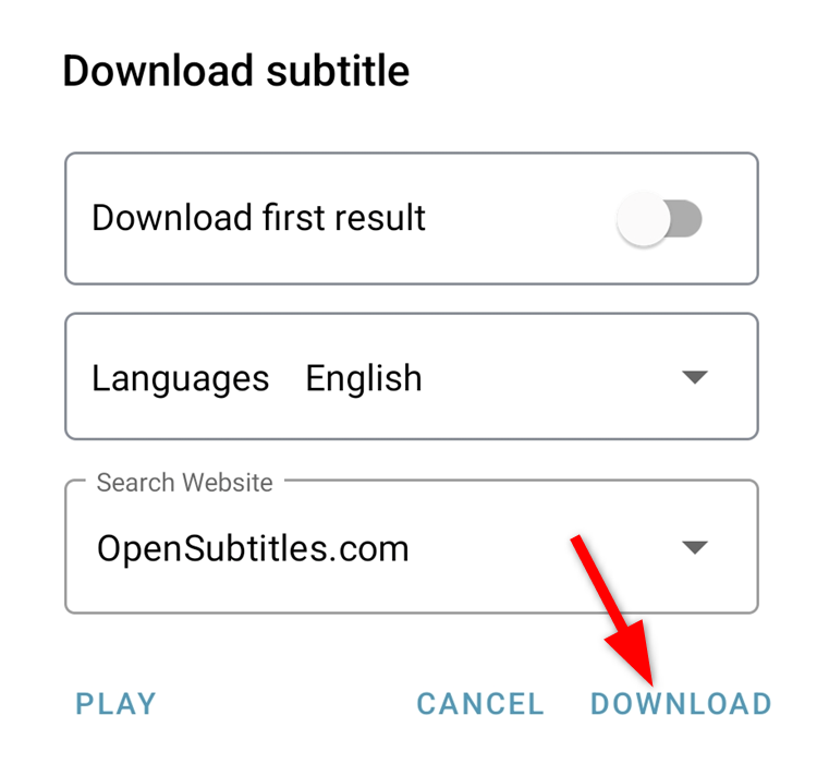 Выбор языка и источника для загрузки субтитров в приложении