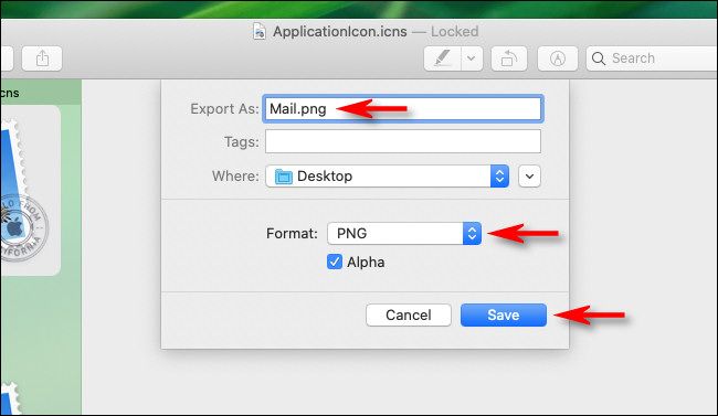 In the Export dialog in Preview in Preview on Mac, enter a name, destination, and file type.