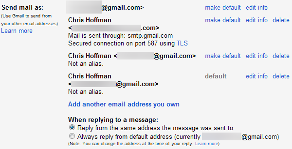Выбор адреса по умолчанию в настройках Accounts and Import