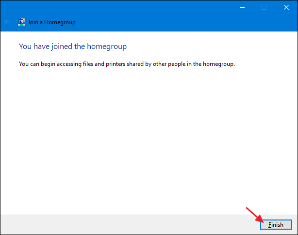 Окно завершения настройки HomeGroup