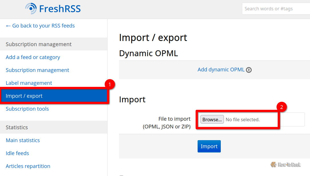 Страница управления подписками FreshRSS с выделением импорта OPML.