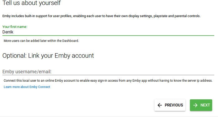 Мастер настройки Emby: ввод имени администратора