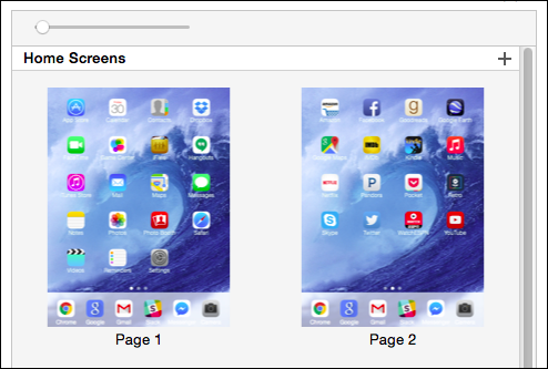 Просмотр страниц домашнего экрана в iTunes (слева — уменьшенные миниатюры)