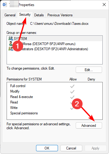 Окно 'Дополнительно' в безопасности файла