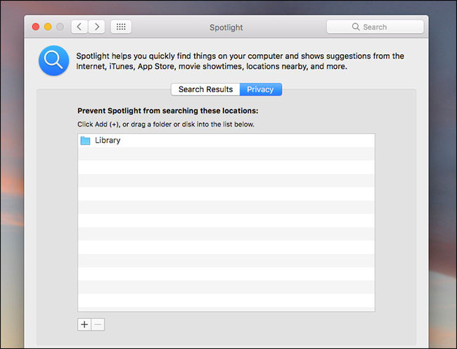Исключение отдельных папок из результатов Spotlight в закладке Конфиденциальность