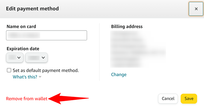 Выберите «Удалить из кошелька» в левом нижнем углу.