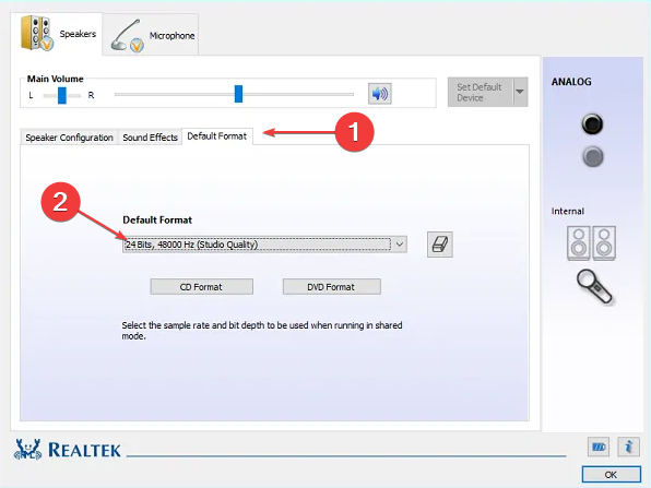 Настройка формата в Realtek Sound Manager