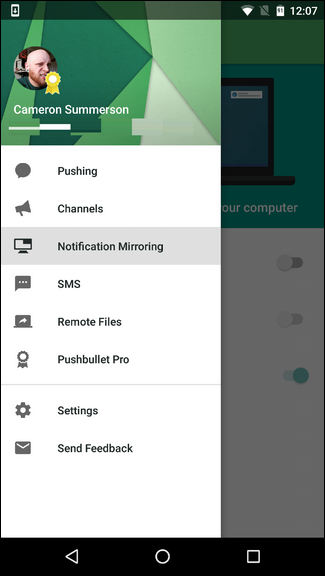 Меню приложения Pushbullet с пунктами