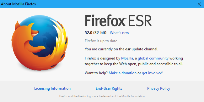 Подтверждение использования Firefox ESR в окне «О Firefox»