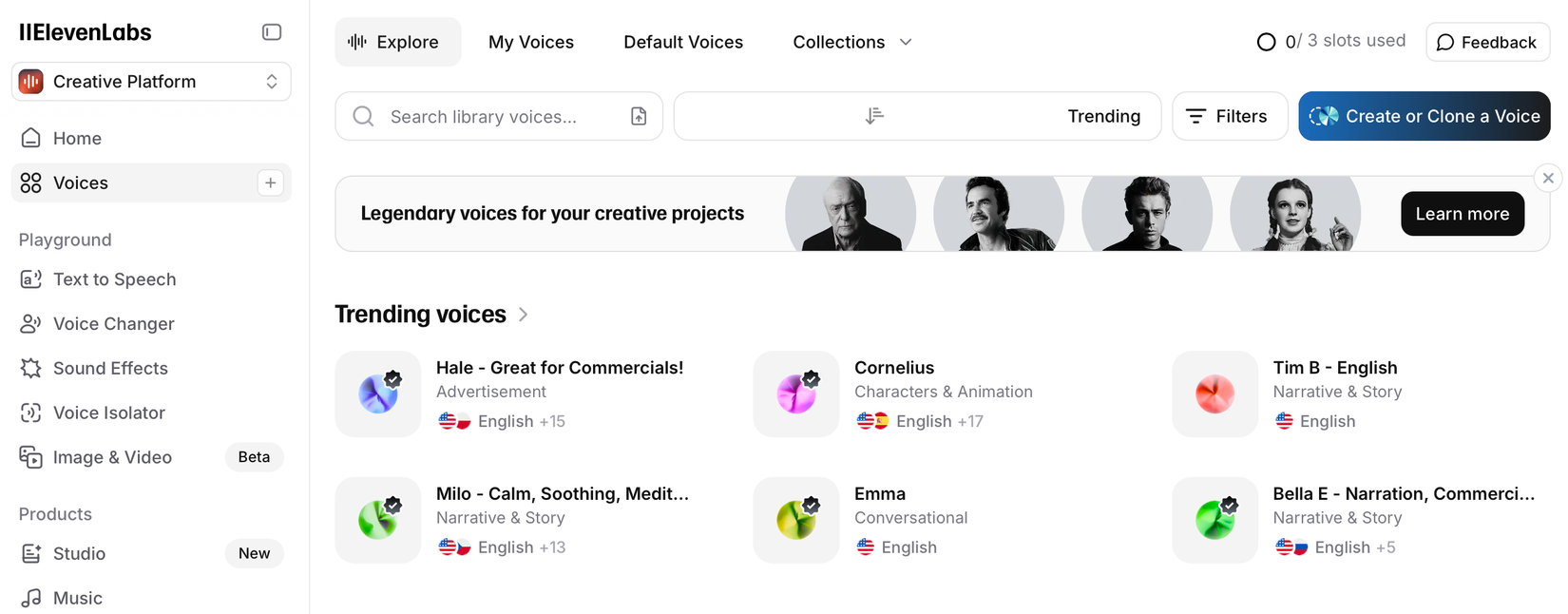 Веб‑страница ElevenLabs с примерами доступных голосов для TTS.