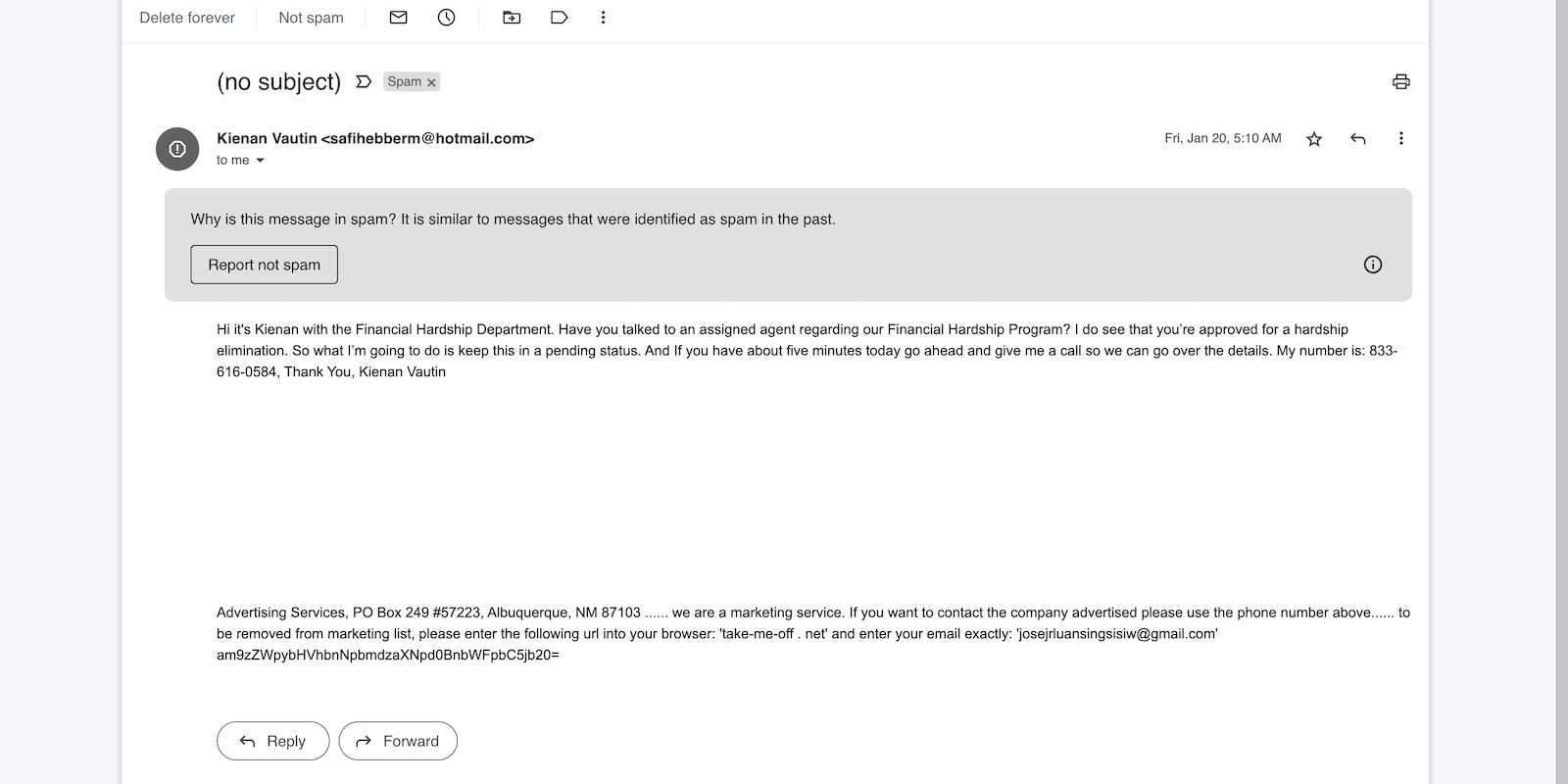 Пример спам-письма с поддельным отправителем