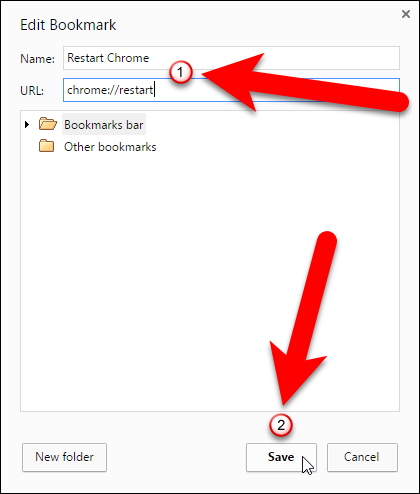 Диалог редактирования закладки: имя и URL chrome://restart