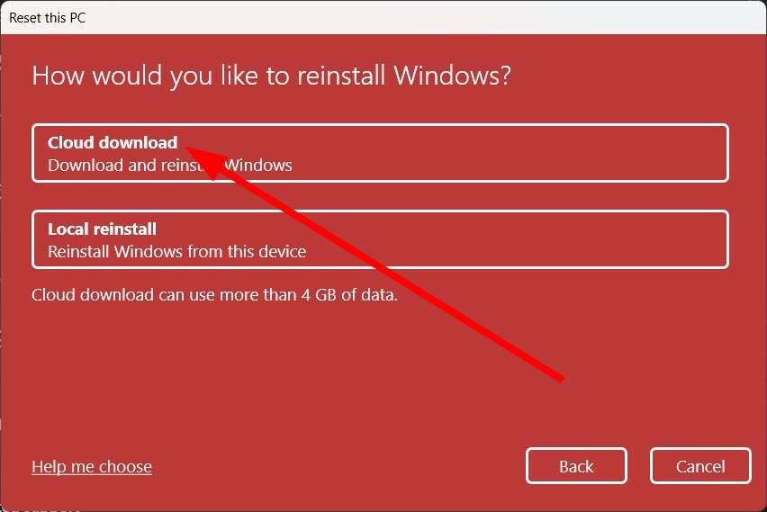 Опция загрузки из облака при сбросе Windows