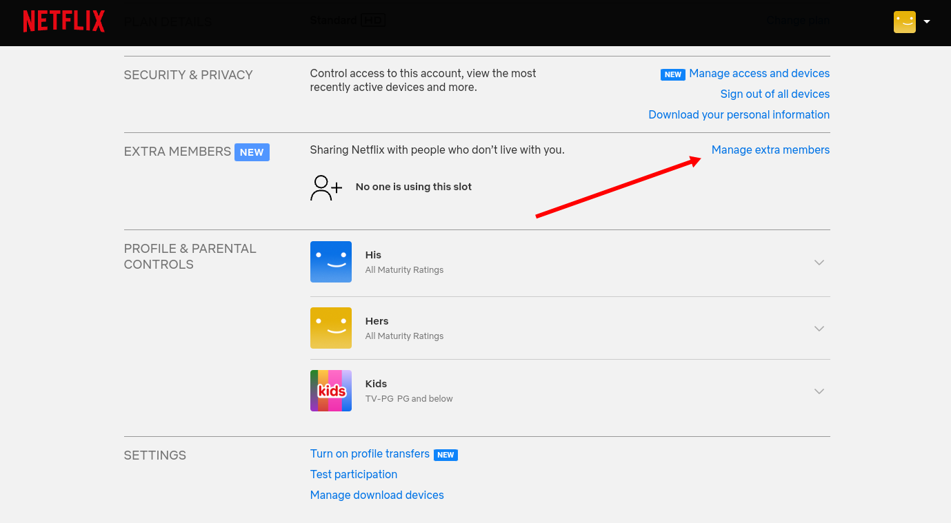 Опция управления дополнительными участниками на сайте Netflix.