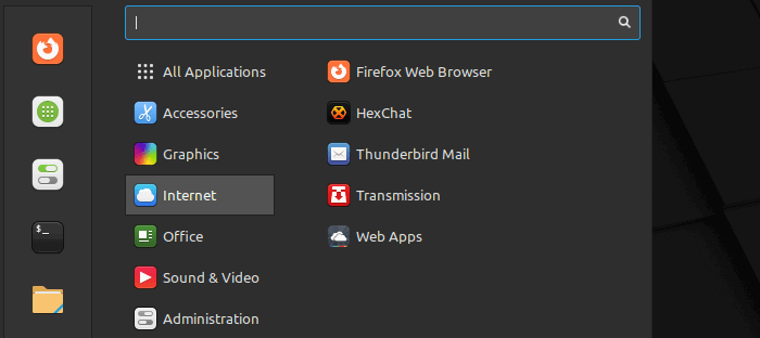 Меню Linux Mint с крупными элементами интерфейса