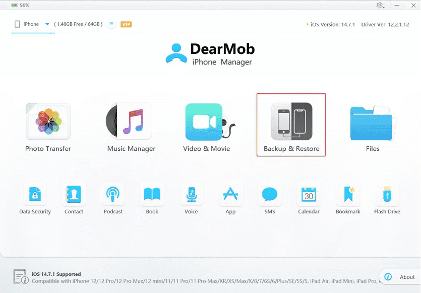 DearMob iPhone Manager: обнаружение подключённого iPhone