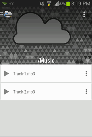 Список аудиофайлов в папке облака и кнопка воспроизведения