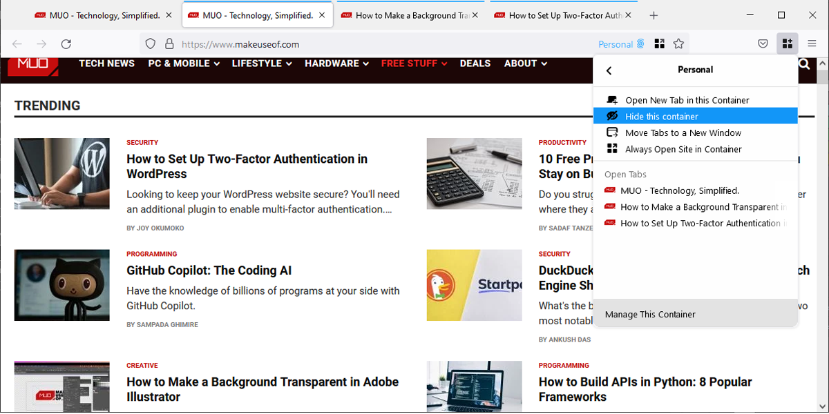скрыть контейнер и связанные вкладки