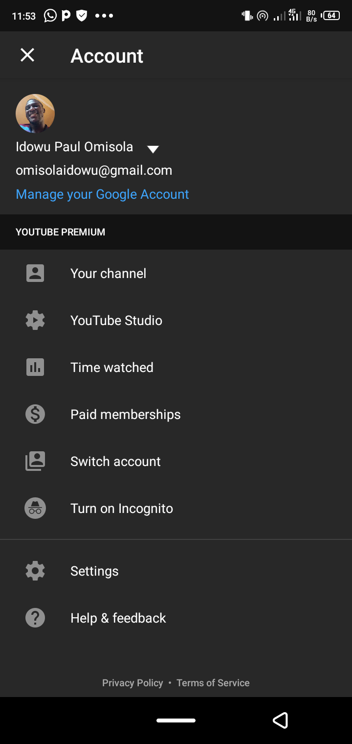 Нажмите «Управление аккаунтом Google» в мобильном приложении YouTube