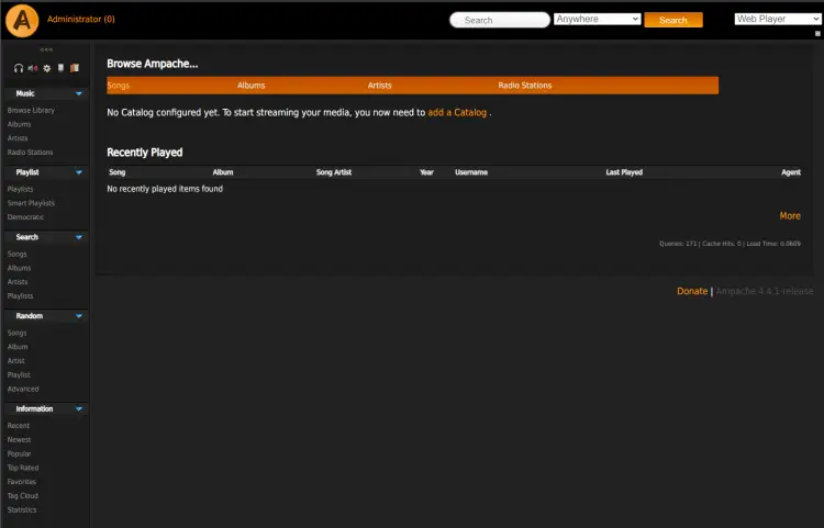 Главная страница Ampache после входа