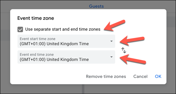 Чтобы добавить второй часовой пояс, включите «Использовать отдельные часовые пояса для начала и конца» и выберите нужные значения в выпадающих меню