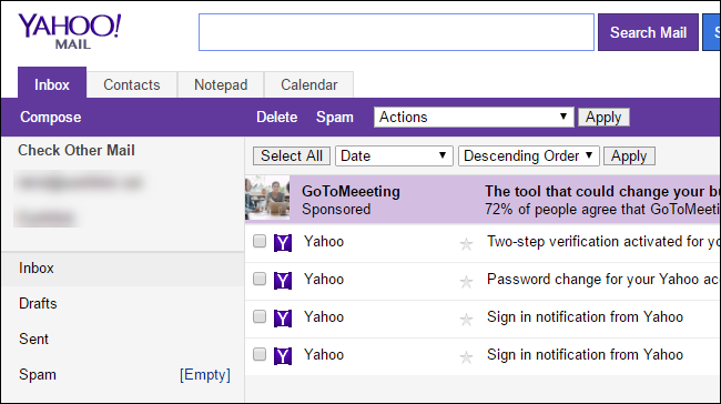 Интерфейс базовой версии Yahoo Mail