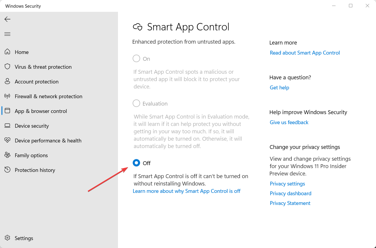 Опция Отключить Smart App Control