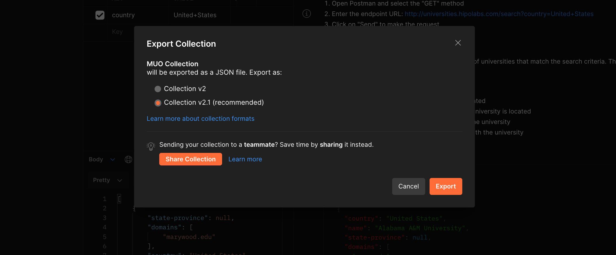 Интерфейс экспорта коллекции в Postman