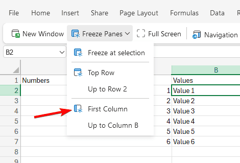 Опция «Первый столбец» для закрепления