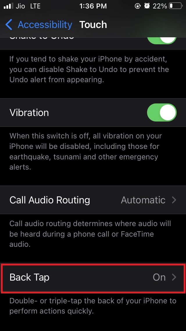 Параметр Back Tap в настройках iOS