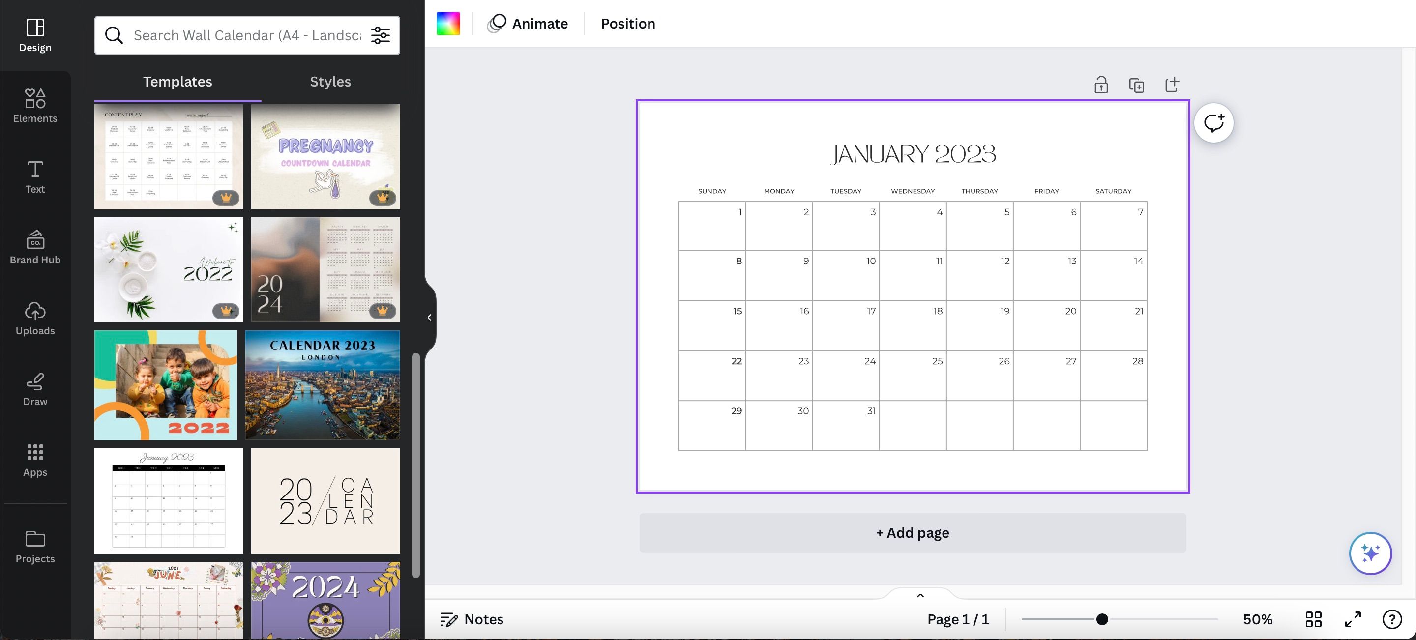 Выбор шаблонов календарей в Canva