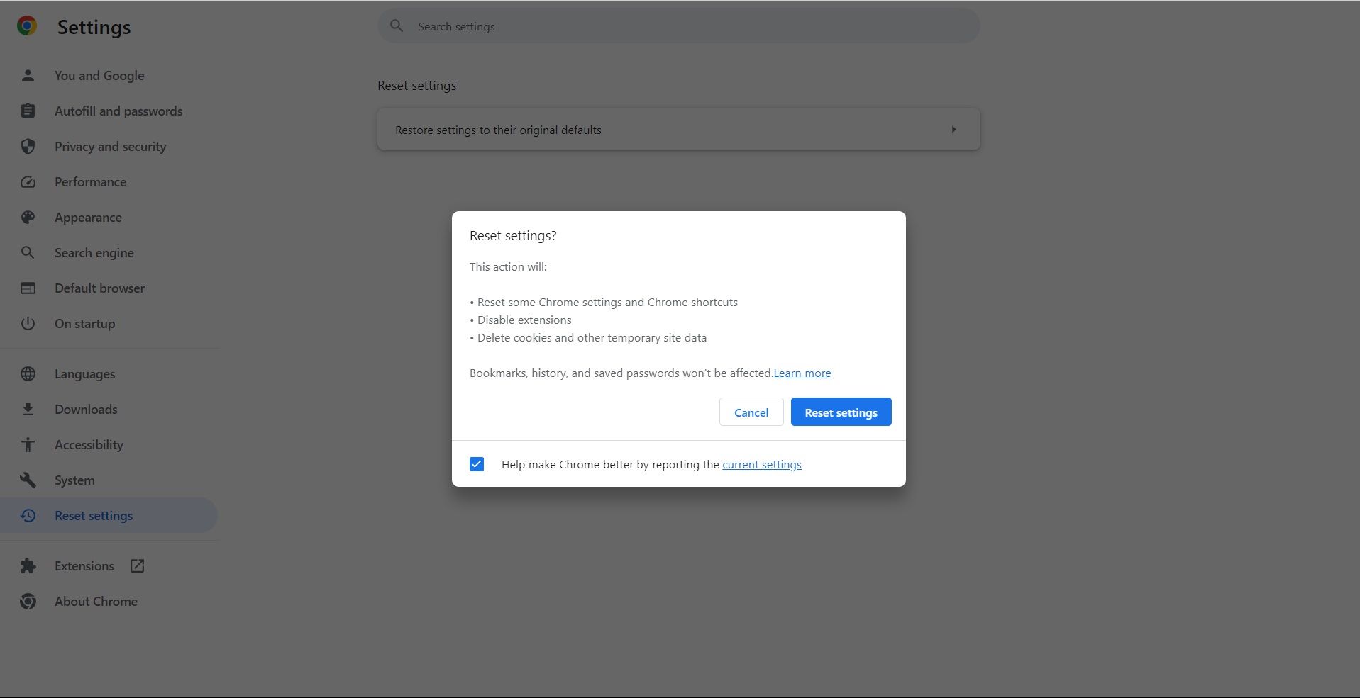 Восстановление настроек по умолчанию