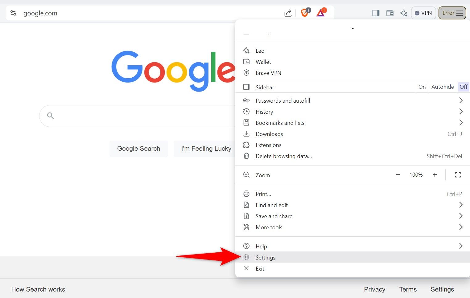 Пункт Settings в меню Brave