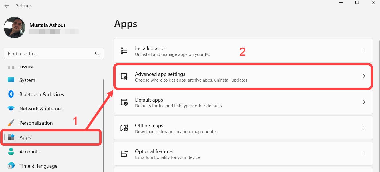 Навигация к разделу Дополнительные параметры приложений в Параметрах Windows 11.