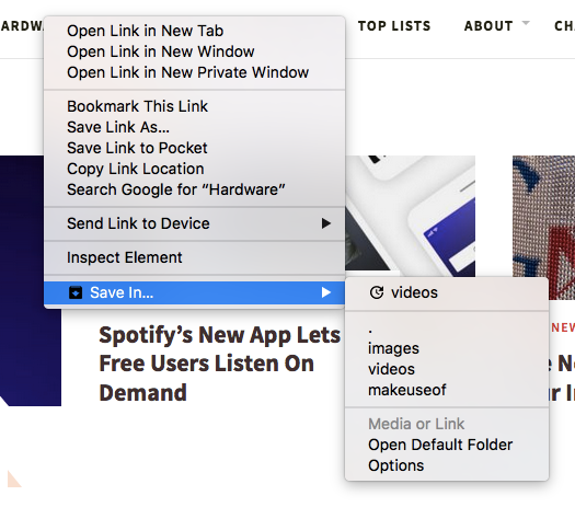 Контекстное меню браузера с пунктом 'Save in' и папками