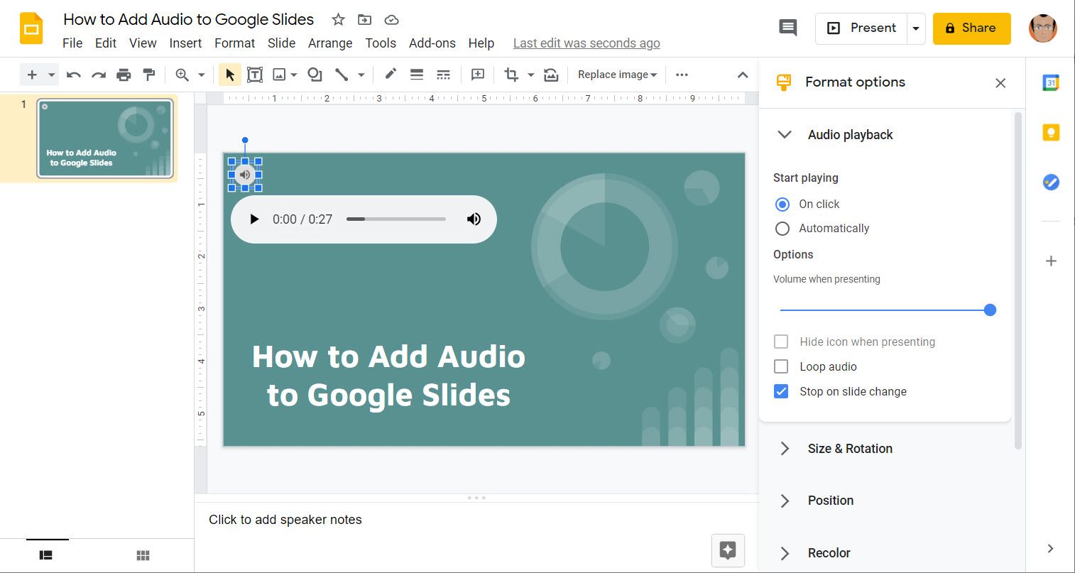 Иконка аудио на слайде с кнопкой воспроизведения