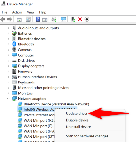 Контекстное меню сетевого адаптера с пунктом 'Обновить драйвер'