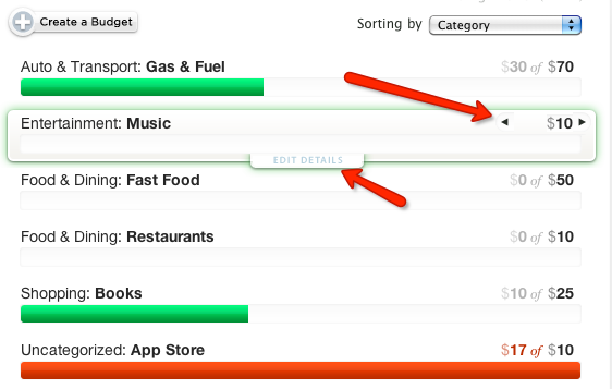 Интерфейс создания и редактирования бюджета в Mint