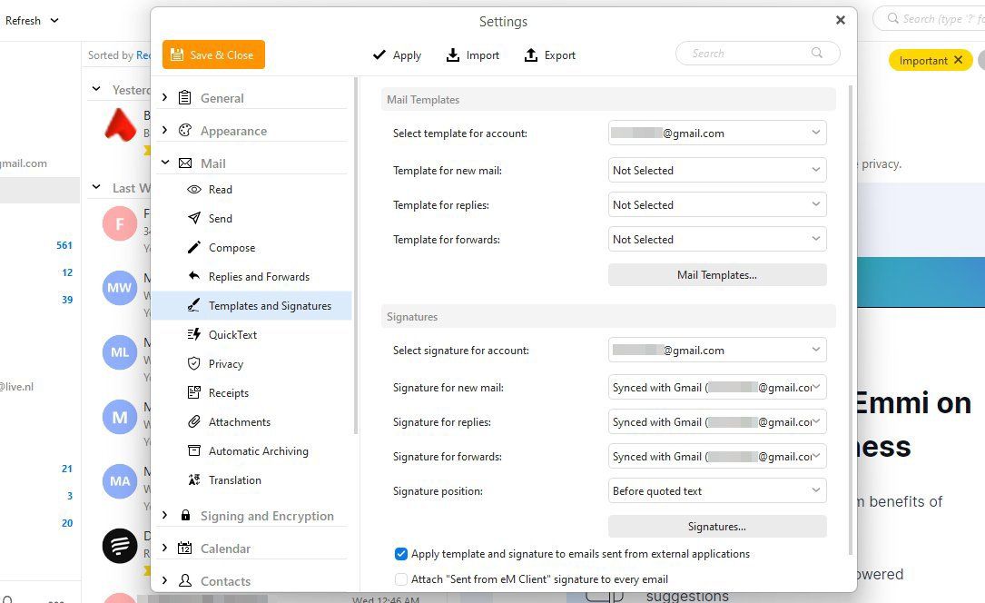 Меню «Templates and Signatures» в настройках eM Client
