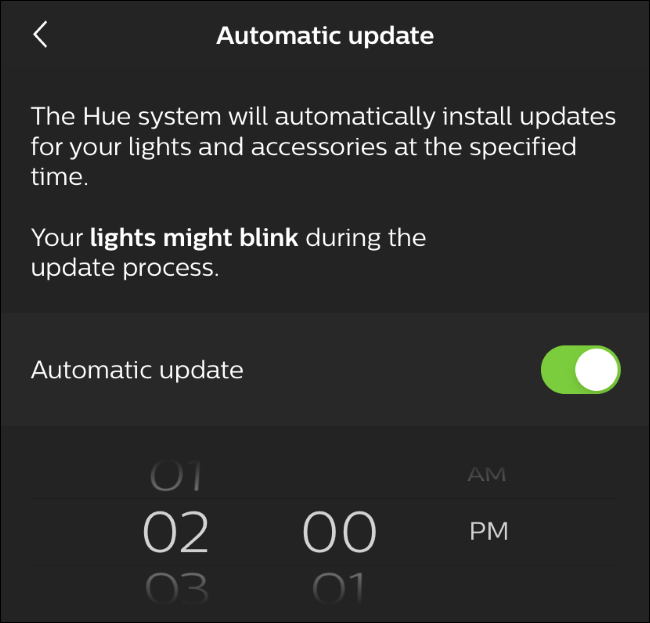 Параметры автоматического обновления в приложении Hue