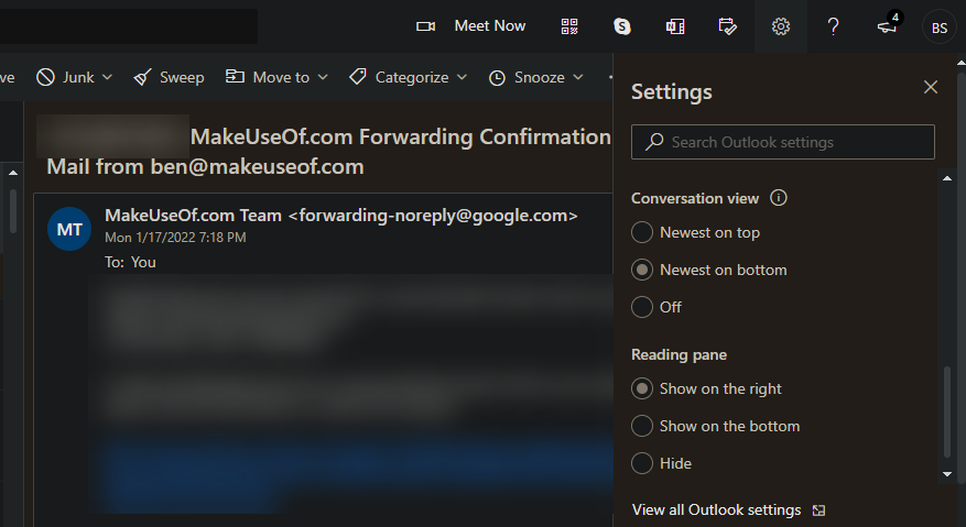 Просмотр всех настроек Outlook Web
