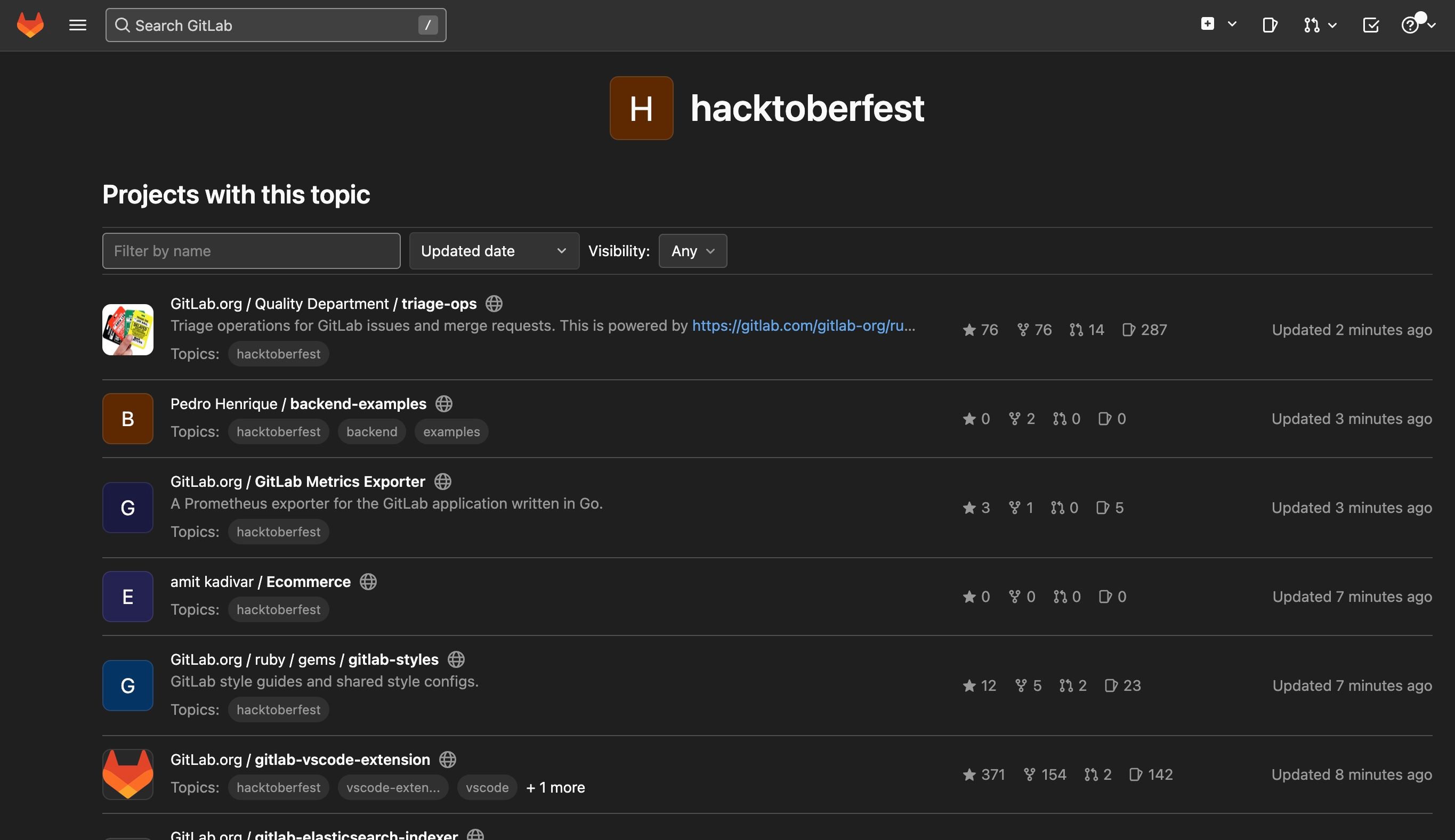 Тема 'Hacktoberfest' на GitLab с перечнем репозиториев