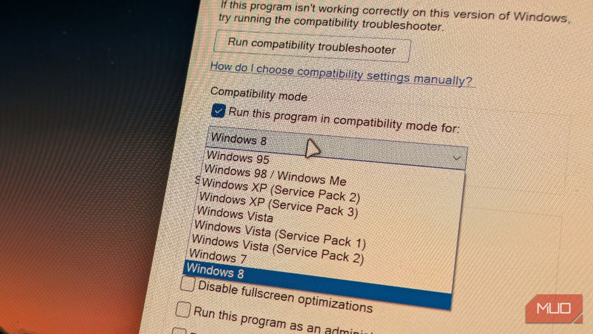 Выпадающий список режима совместимости в Windows 11
