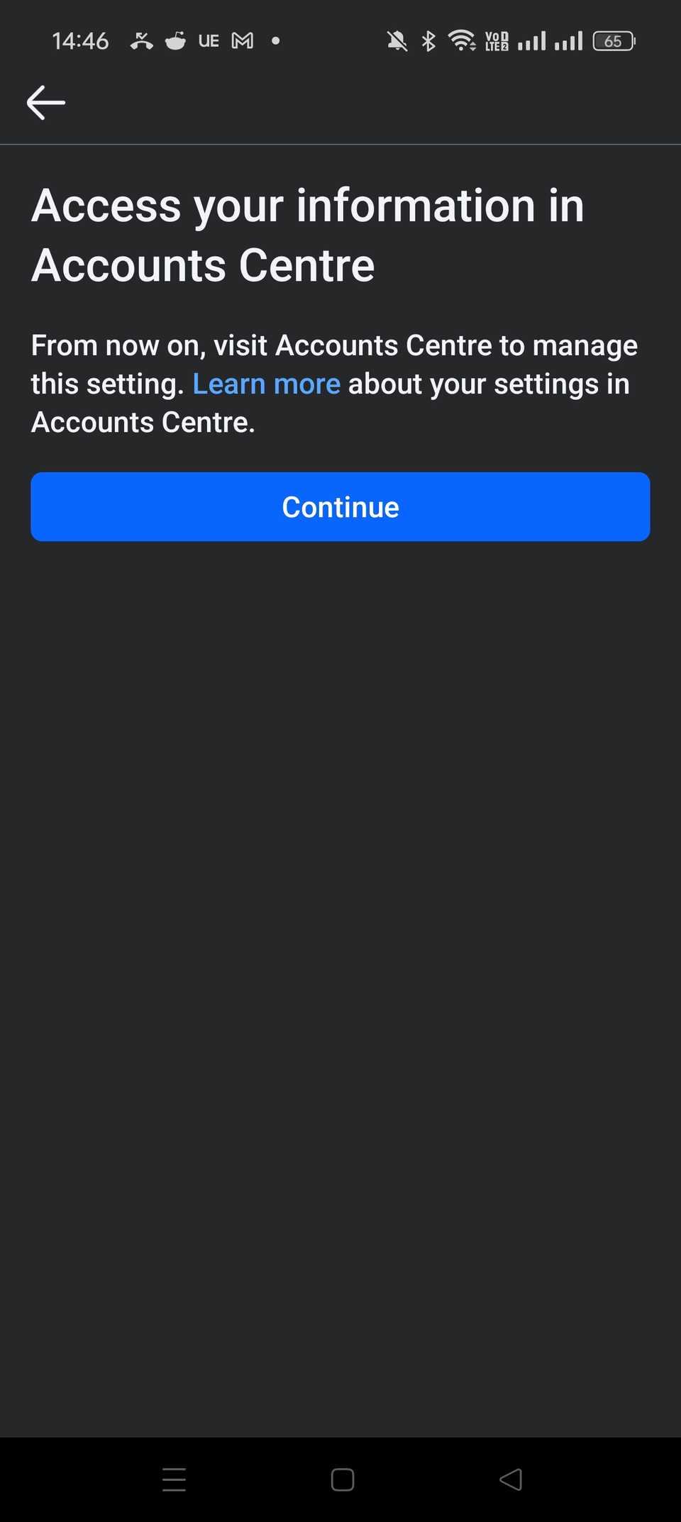 кнопка продолжить в Центре аккаунтов Facebook