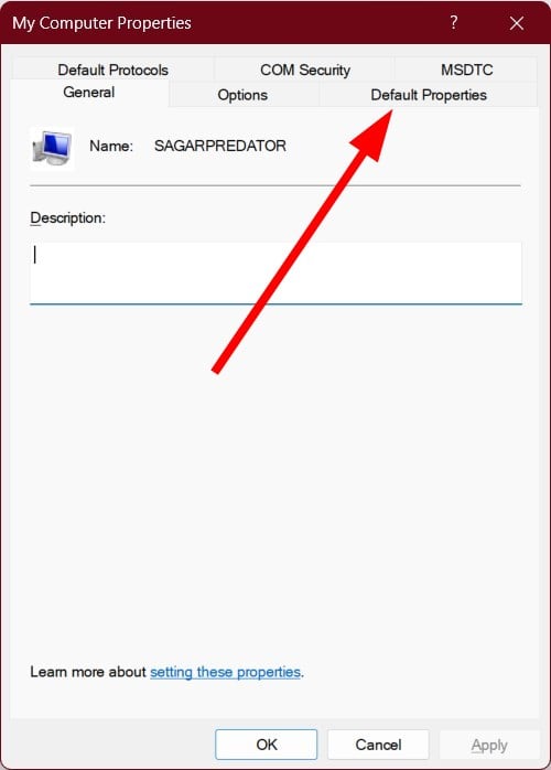 Вкладка Default Properties в настройках DCOM