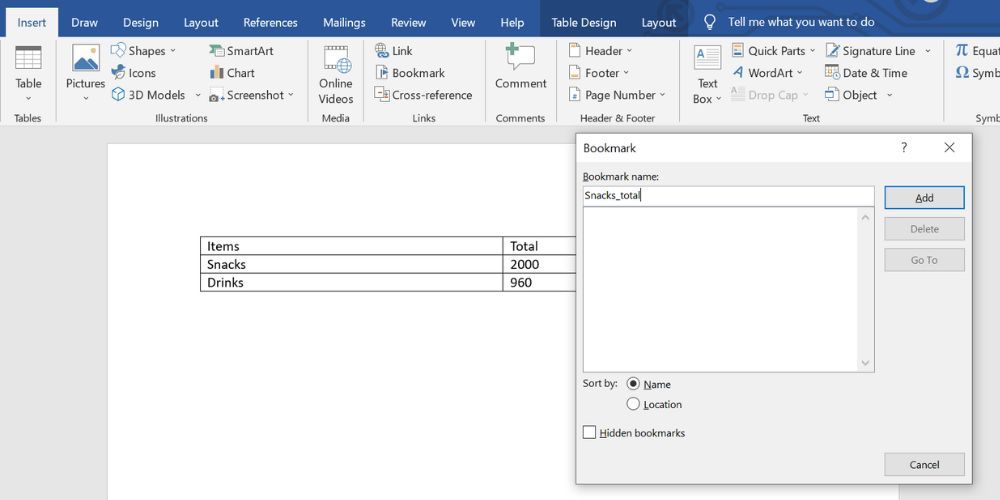 Окно закладок в Word