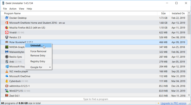 Интерфейс Geek Uninstaller — список программ и опции удаления