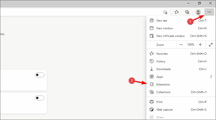 меню расширений в edge