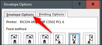 Вкладка Параметры конверта для размера и шрифта